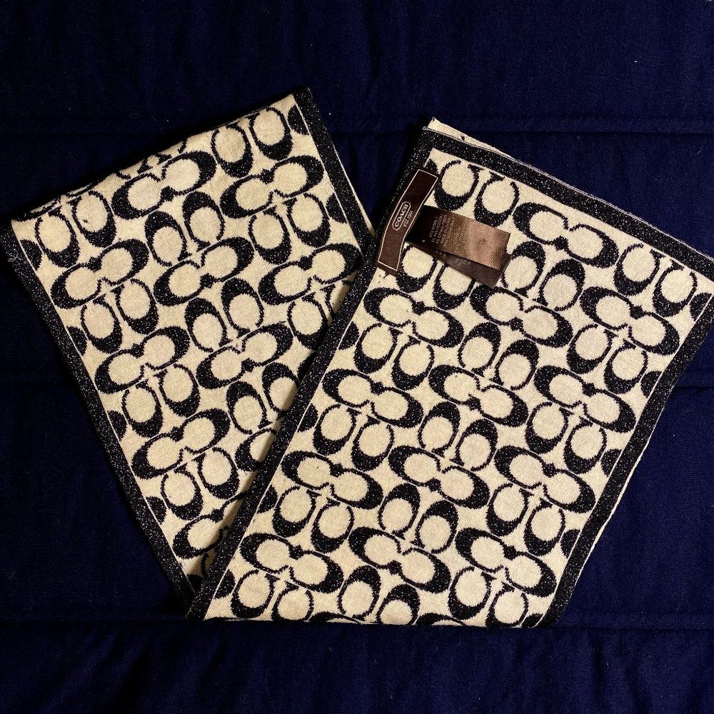 Coach Wool Blend Black and Cream Signature Monogrammed Scarf